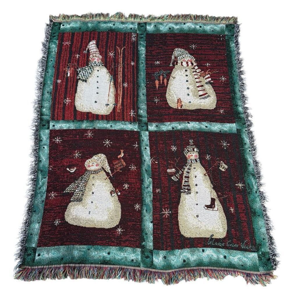 Mohawk Home vintage tapestry blanket Primitive Snowmen art Valorie Evers Wenk